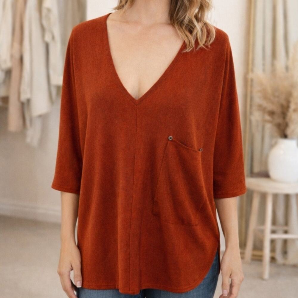 Kerisma Raven Top M/L Rust Red Knit Mercerized Wool V Neck Relaxed Minimalist